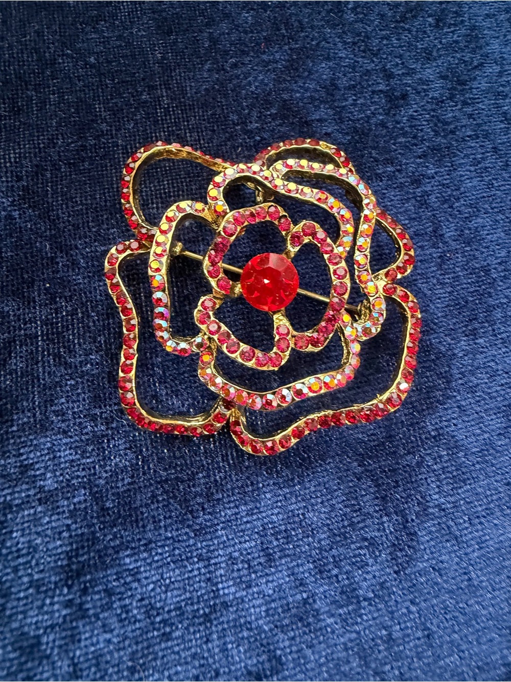 Vintage Abstract Rose Red Crystal Rhinestone Flower Brooch